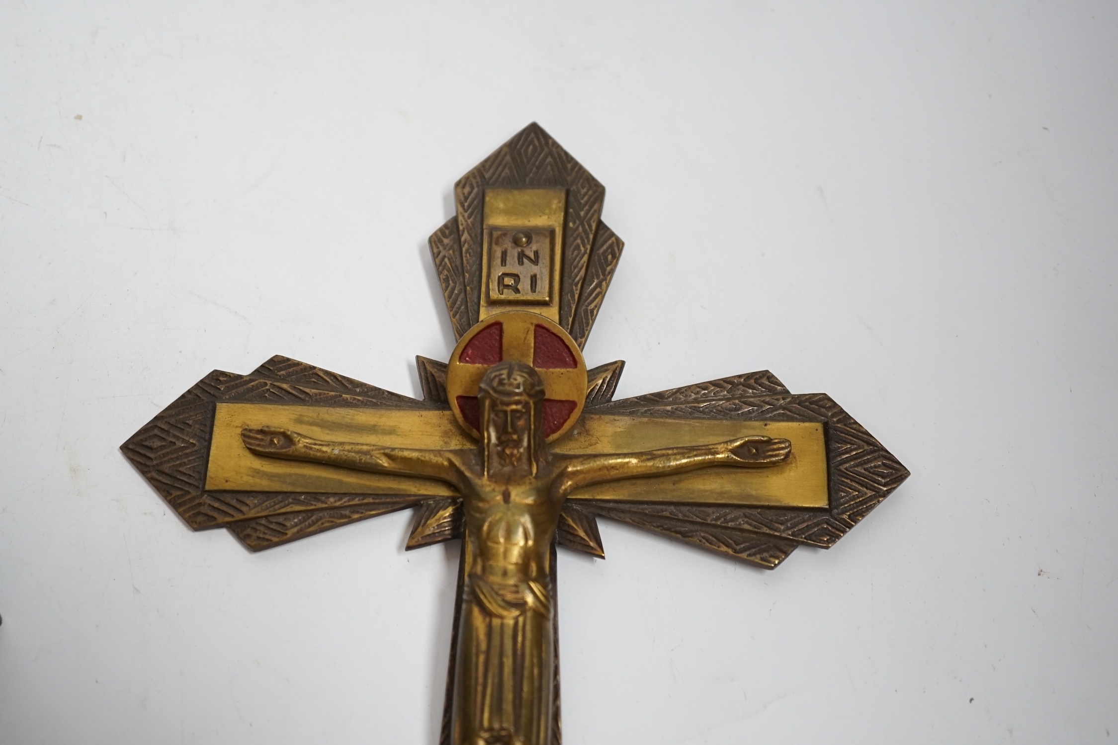 A bronze gothic casket, two Burmese bronze weights and a cast brass crucifix, 31.5cm